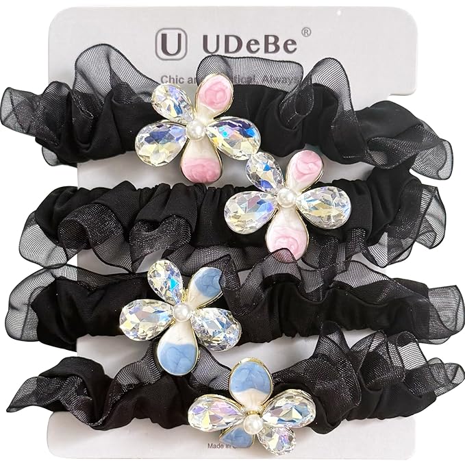 Silk Scrunchies Hair Ties 4Packs – Super Soft Thin Hair Scrunchies, Gentle on Hair, Faux Pearl & Crystal Flower Decorated Hair Accessories for Women