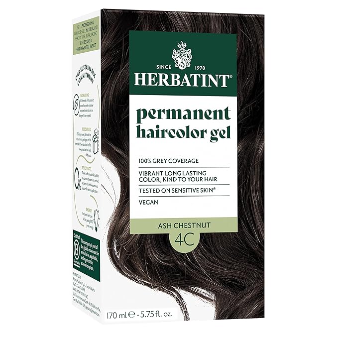 Herbatint Permanent Hair Dye For Women - 4C Ash Chestnut - For Up To 100% Gray Coverage of Resistant Gray Hair - Ammonia-Free, Alcohol-Free & Vegan - Salon Influenced Hair Color 5.75 fl oz