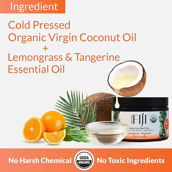 Organic Fiji Raw Cold Pressed Coconut Oil for Hair, Skin, Face & Body | Relaxing Massage Oil | Lemongrass Tangerine,12 oz for Women Men & Baby