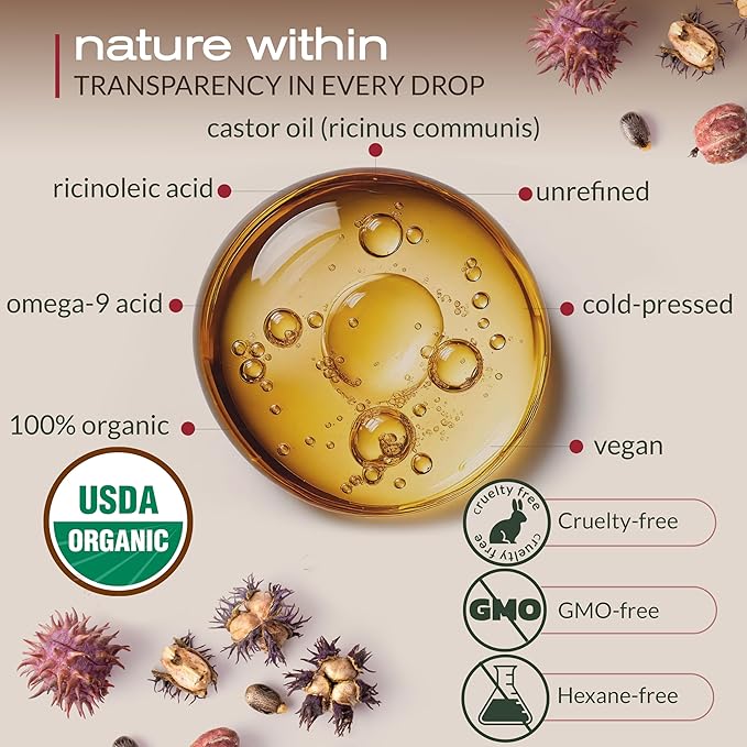 Ella & Eden USDA Organic Castor Oil – Cold Pressed Hexane-Free - Glass Bottle - For Hair Growth, Face, Eyelash, Skin, Stomach - 100% Pure Unrefined 16 Fl Oz