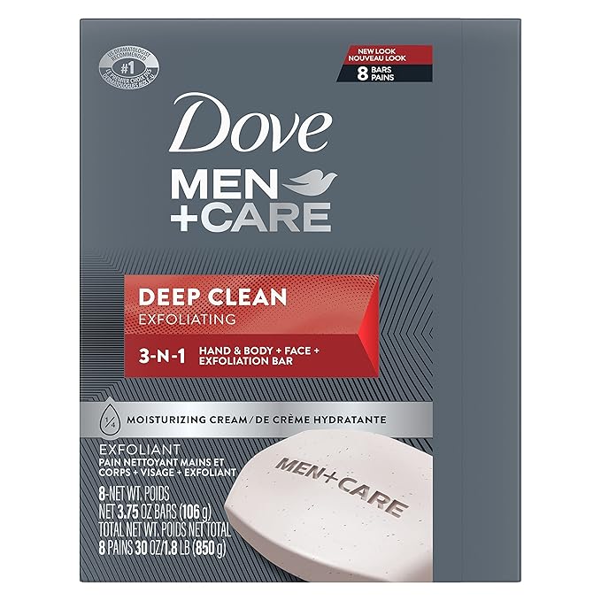 Dove Men+Care Men's Bar Soap Deep Clean 8 Bars More Moisturizing Than Bar Soap Effectively Washes Away Bacteria, Nourishes Your Skin 3.75 oz