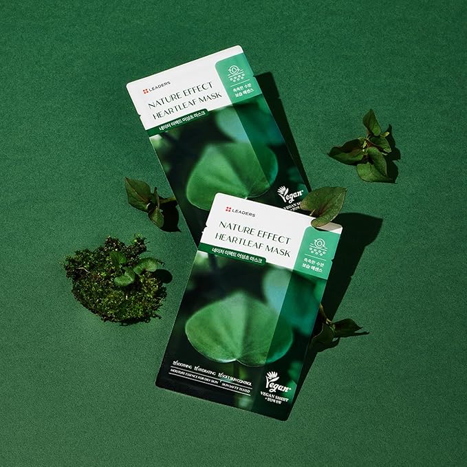 LEADERS Nature Effect Heartleaf Mask - Hydrating & Restoring Face Mask for Dry, Acne-Prone, Sensitive Skin | Soothing, Balancing, & Soft Skin Control Serum Content, Vegan Certified - 10 Sheets