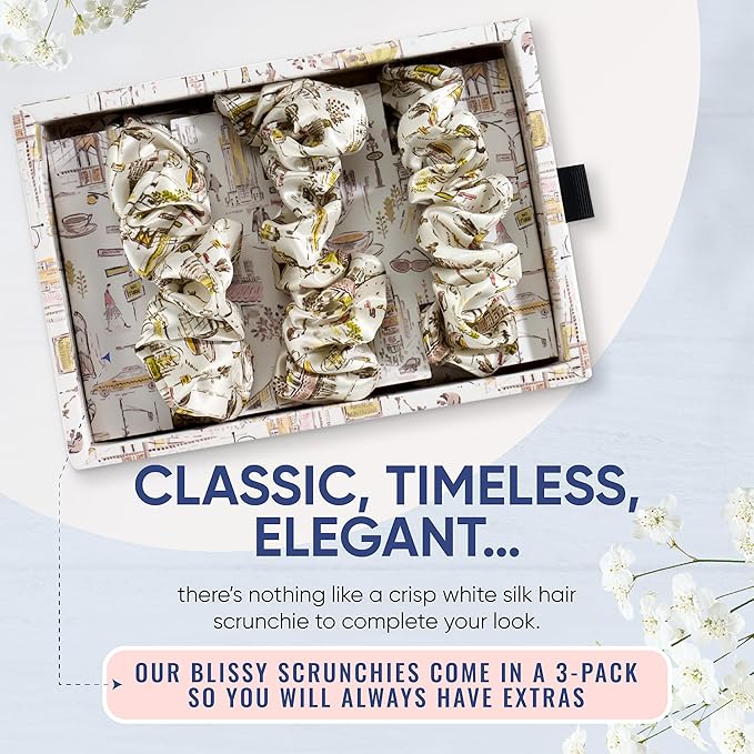Blissy Silk Scrunchies (3 Pack) - 100% Pure Mulberry Silk - 22 Momme 6A High-Grade Fibers Scrunchie for Straight & Curly Hair (Nicole Miller NY to Paris, Regular)