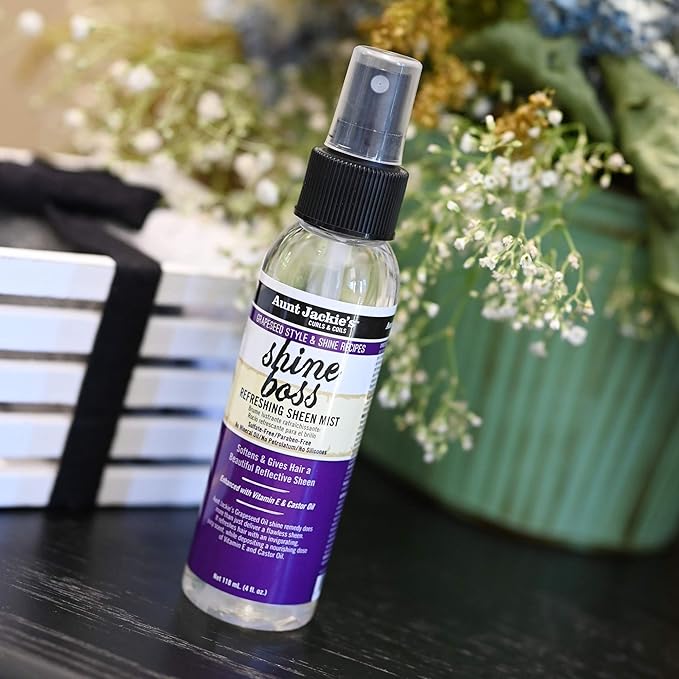 Aunt Jackie's Grapeseed Style and Shine Recipes Shine Boss Refreshing Sheen Hair Mist, Gives Curls, Waves and Coils Shine Without Oily Feel, 4 oz