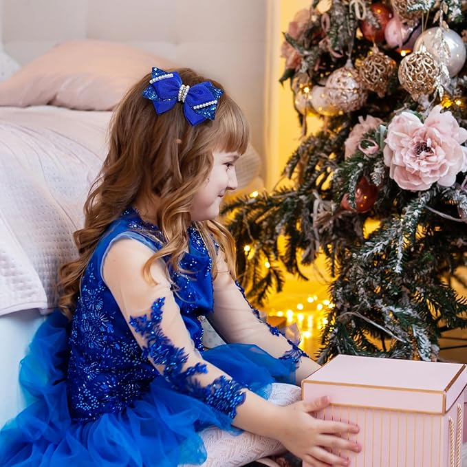 4" Sparkly Glitter Sequin Ribbon Hair Bow Clips,Pearl Wedding Boutique Alligator Barrettes Pins for Teens Toddler,Cheerleader Girls Kids Birthday Party Dress Decor Accessory (Deep Blue)