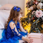 4" Sparkly Glitter Sequin Ribbon Hair Bow Clips,Pearl Wedding Boutique Alligator Barrettes Pins for Teens Toddler,Cheerleader Girls Kids Birthday Party Dress Decor Accessory (Deep Blue)