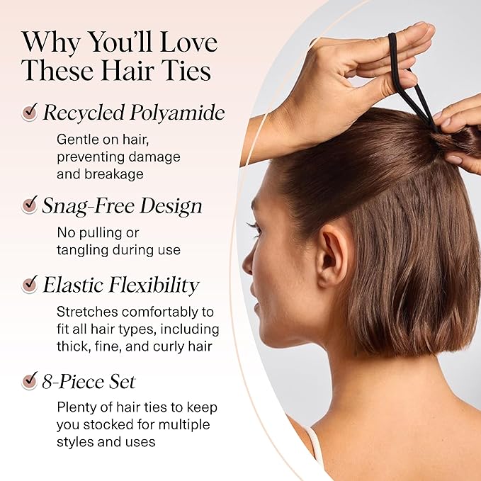 Kitsch Hair Ties No Damage - Strong, Stretchy Hair Bands | Soft Nylon Ponytail Holders, Snag-Free Rubber Bands, Perfect for Updos & Braids | Ideal Gifts for Women - Black, 8pcs