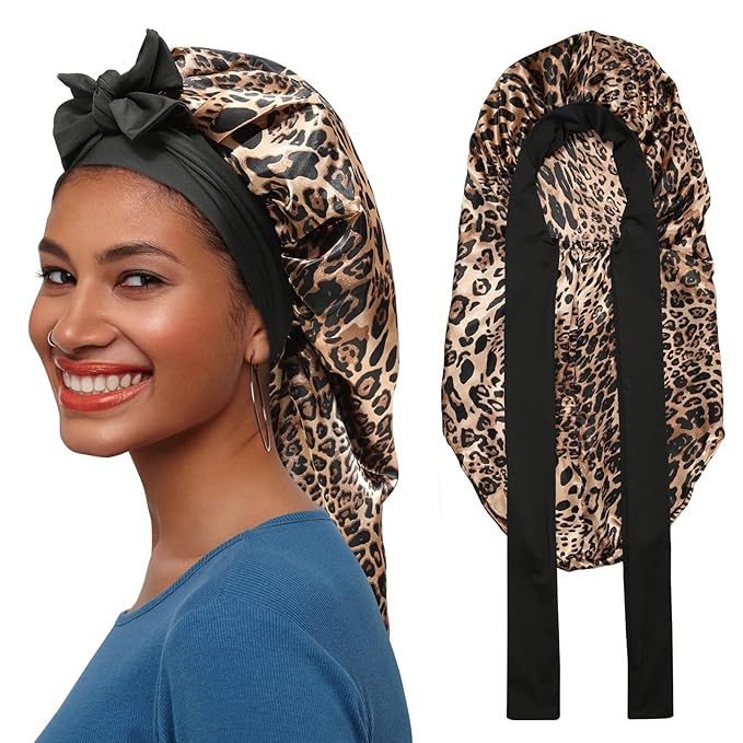AWAYTR Long Satin Bonnet for Braids - Elastic Silk Hair Bonnets for Sleeping Night Cap Stretchy Tie Band for Women（Leopard）