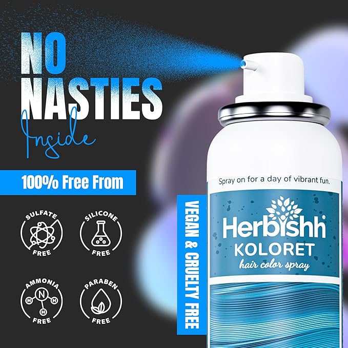 Herbishh Koloret Pastel Blue Hair Tint Spray (69g), Washable Temporary Color Mist for Light & Dark Strands, Quick-Dry, Non-Sticky, Travel-Friendly Root Touch Up for Women