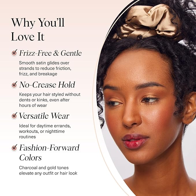 Kitsch Satin Scrunchies for Women - No Crease Hair Ties for Girls | Big Scrunchies for All Hair Types and Textures, Perfect for Day or Night | Ideal Gifts for Women - 2 Pcs, Charcoal and Gold