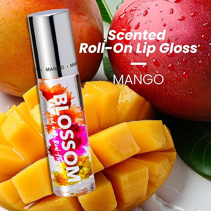 Blossom Roll on Lip Gloss, Scented Clear High Shine Moisturizing Lip Oil, Non Sticky, Infused with Real Flowers, Made in USA, 0.2oz, Mango
