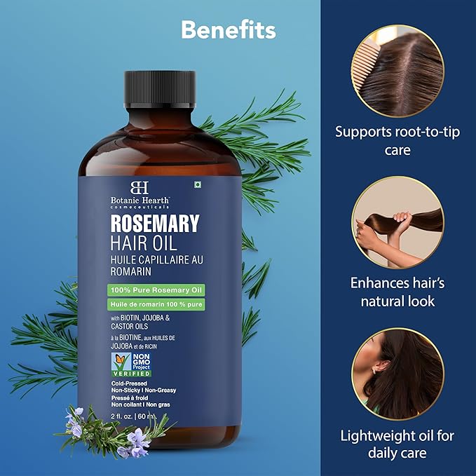 Botanic Hearth Rosemary Oil for Hair Growth | Strengthening Biotin, Jojoba, Castor Hair Growth Oil for frizzy hair | Dry, Damaged Scalp Treatment | Color Safe | All Hair Types | 2 Fl Oz