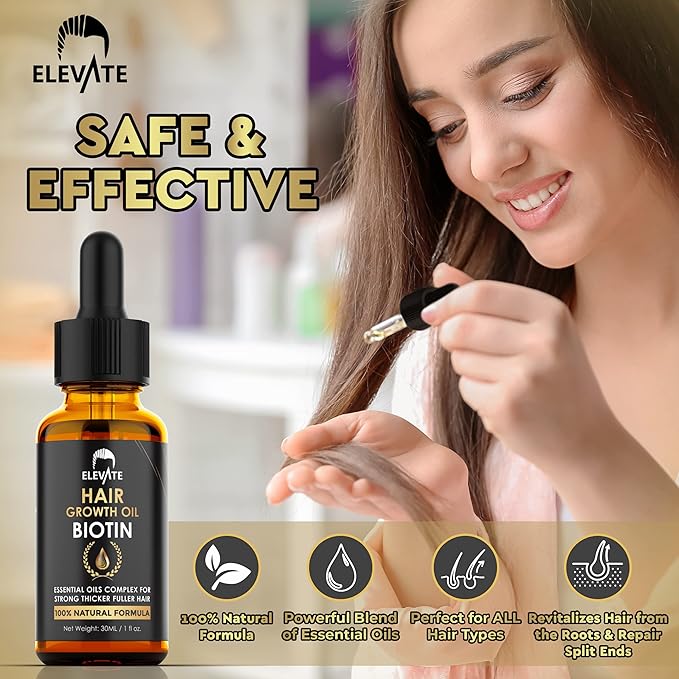 ELEVATE Hair Growth Oil - Biotin Serum & Castor Oil Natural Vitamin Treatment for Stronger, Thicker, Longer Hair and Regrowth - Prevent Thinning and Loss for Men & Women, 1 Fl Oz