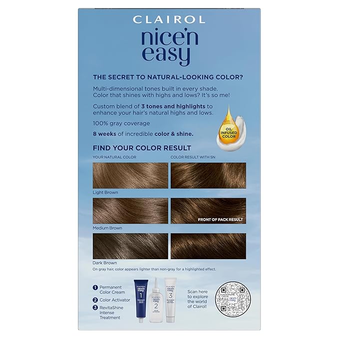 Clairol Nice'n Easy Permanent Hair Dye, 5N Medium Neutral Brown Hair Color, Pack of 3