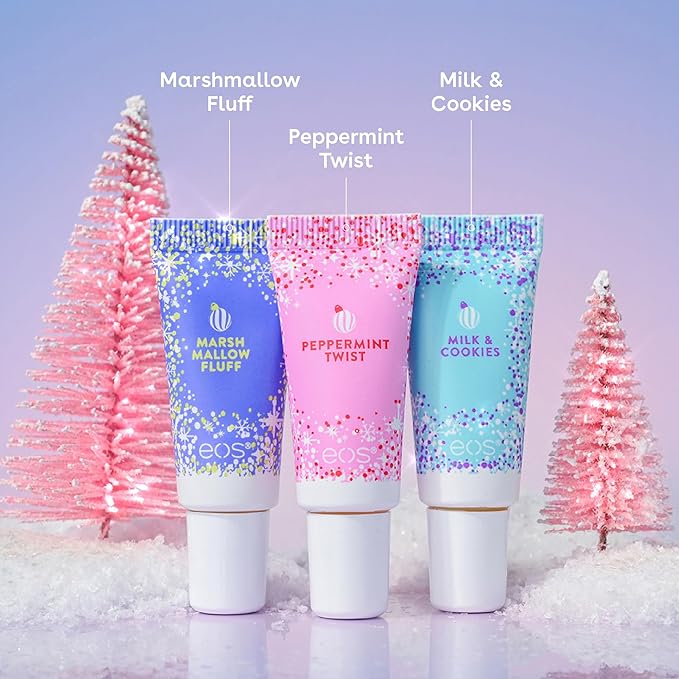eos Holiday 24H Moisture Mini Super Balm Set, Peppermint Twist, Milk & Cookies, Marshmallow Fluff, Limited Edition Lip Care, Stocking Stuffers, 0.24 fl oz, 3-pack
