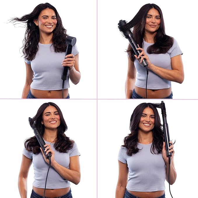 FoxyBae Super Styler Pro Interchangeable Hair Styler Wand Curling Iron Set - w/Drying Cylinder, Ceramic Blowout & Round Brushes, 2 Auto-Wrap Curlers - Frizz-Free, Smooth Hair (Black Rose-Gold)