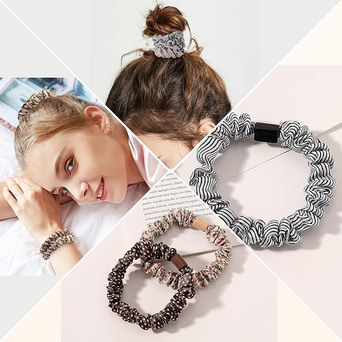 Hair Ties Silk Satin Scrunchies - Small Mini Thin Elestics Ponytail Holder Hair Bands Skinny Scrunchy For Thick Curl Hair No Crease Hair Ties Soft Accessories No Hurt Your Hair for Women and Girls