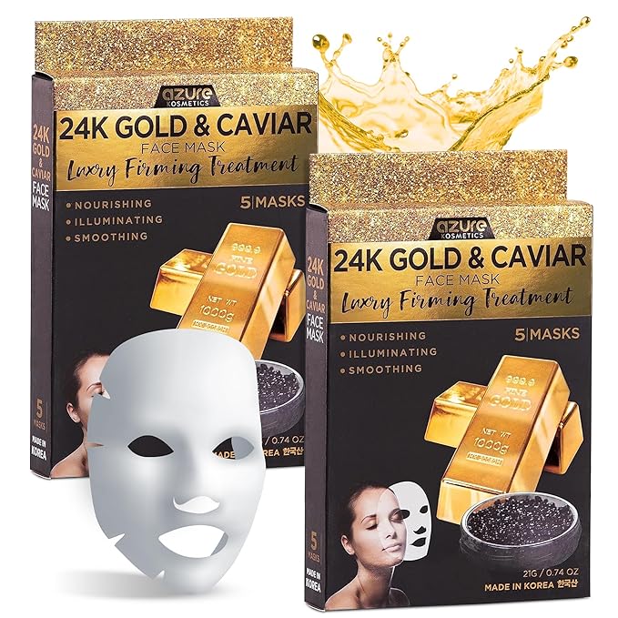 Azure Cosmetics 24K Gold and Caviar Anti Aging Luxury Face Mask - Hydrating & Firming Facial Mask - Helps Reduce Wrinkles & Fine Lines - With Hyaluronic Acid & Collagen - Made in Korea - Pack of 5