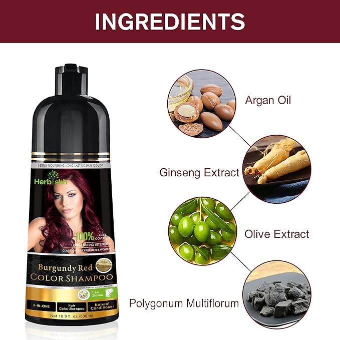 Herbishh Burgundy 3-In-1 Hair Color Shampoo for Gray Hair Magic Hair Dye Shampoo Colors Hair in MinutesLong Lasting500 MlAmmonia-Free
