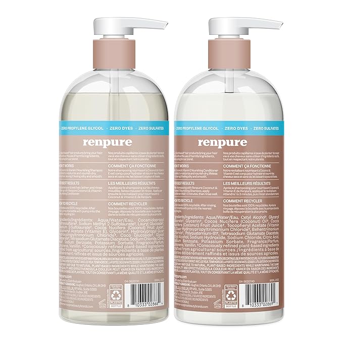 Renpure Coconut & Vitamin E Shampoo & Conditioner Set, Plant-Based – Nourishes & Seals In Moisture For Soft, Healthy Hair – For Dry, Lifeless Hair – Coconut Oil & Vitamin E - 24 Fl Oz each, 2 Pack