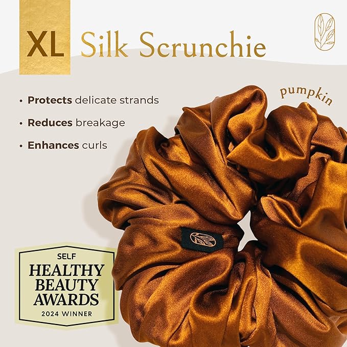 Silk Scrunchies for Women Ponytail Holders – Oversized Mulberry Silk Scrunchies – Extra Large No Damage Hair Ties for Curly, Thick, and Thin - Hair Accessories for Women – Pumpkin, XL By Curlfriend