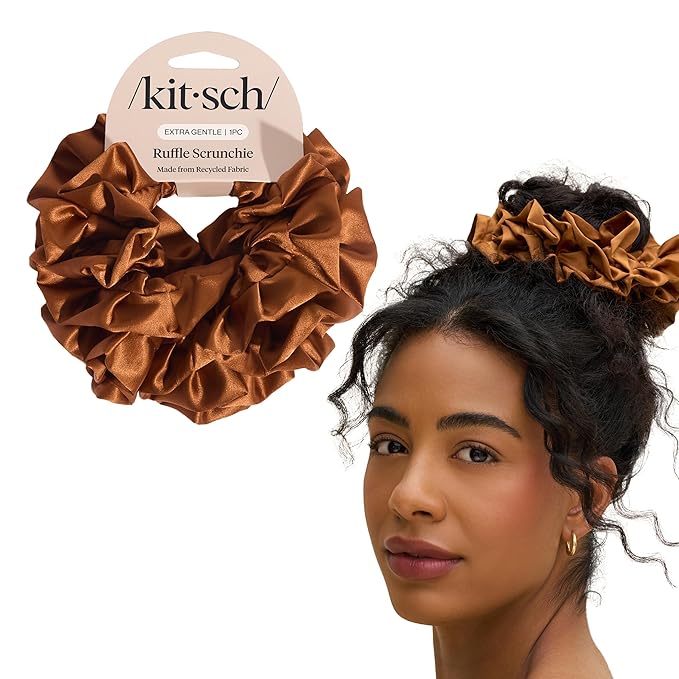 Kitsch Recycled Satin Ruffle Scrunchie – Gentle Hair Scrunchie for Women, Eco-Friendly Hair Tie No Damage, Stylish Ponytail Holder | Ideal Gifts for Women - Camel