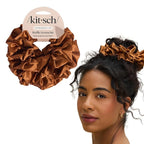 Kitsch Recycled Satin Ruffle Scrunchie – Gentle Hair Scrunchie for Women, Eco-Friendly Hair Tie No Damage, Stylish Ponytail Holder | Ideal Gifts for Women - Camel