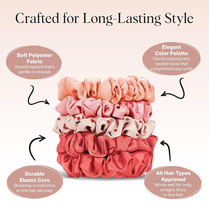 Kitsch Satin Scrunchies for Women - No Crease Hair Ties for Girls | Scrunchies For All Hair Types and Textures, Perfect for Day or Night | Ideal Gifts for Women - Assorted Cherry Blossom, 5pcs