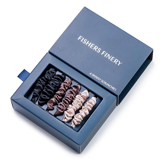 Fishers Finery 25 Momme Pure Mulberry Silk Skinny Scrunchies | Hair Tie Set for Thin Hair (Champagne|Brown|Black- 6 Pk)