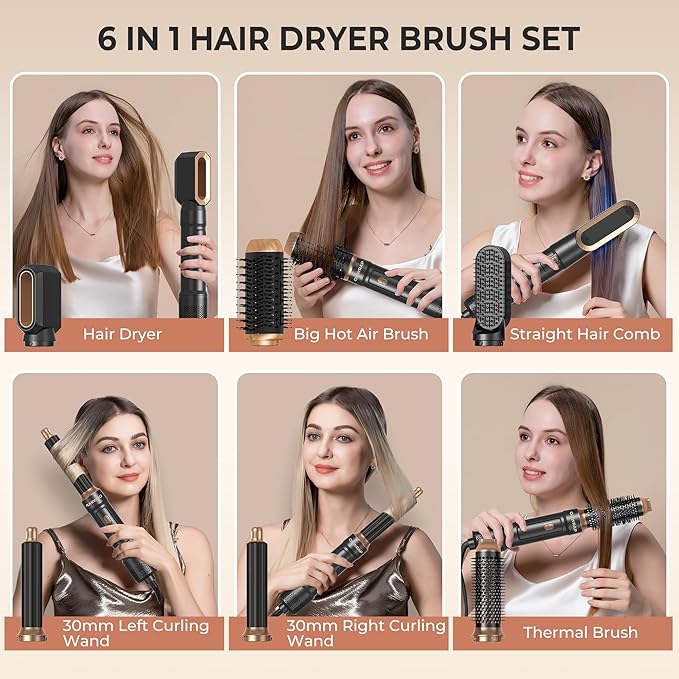 6 in ONE Blow Dryer Brush,Air Curling Iron Round Brush Blow Dryer 800W,Ionic Hair Dryer Brush for Women, Hot Air Brush Hair Styling Tools 100-120V