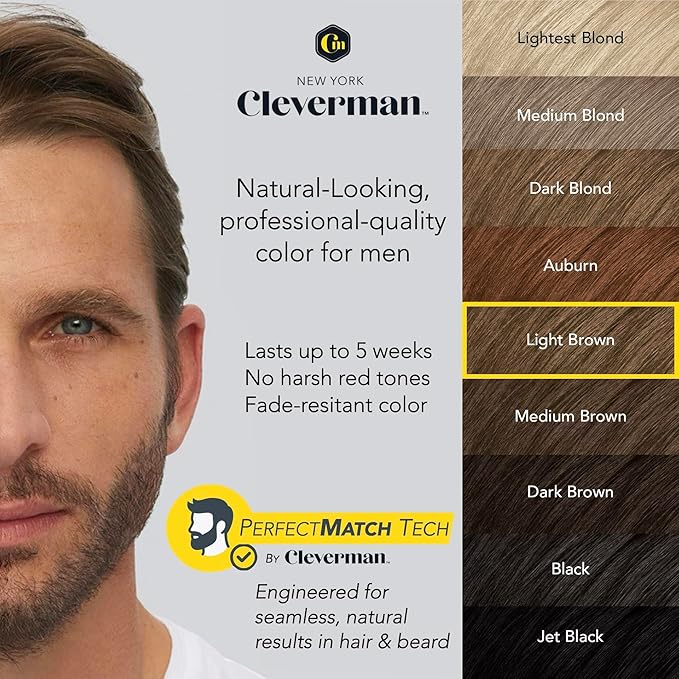Cleverman Hair & Beard Dye Kit for Men, All-in-One Reusable Mens Hair Color, Natural Gray Coverage, Ammonia-Free Beard Mustache Dye for Men (Light Brown)