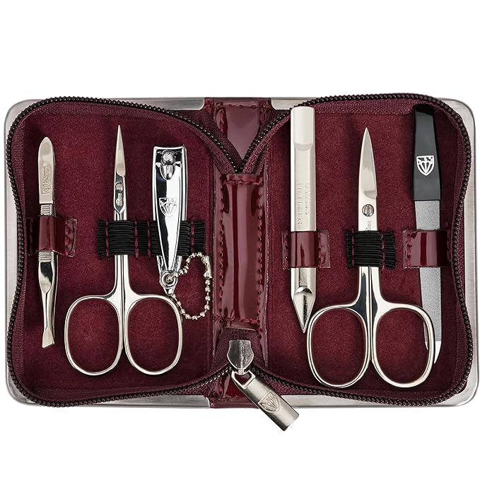3 Swords Germany - brand quality 6 piece manicure pedicure kit set for professional finger & toe nail care with synthetic leather case - Made in Germany - burgundy