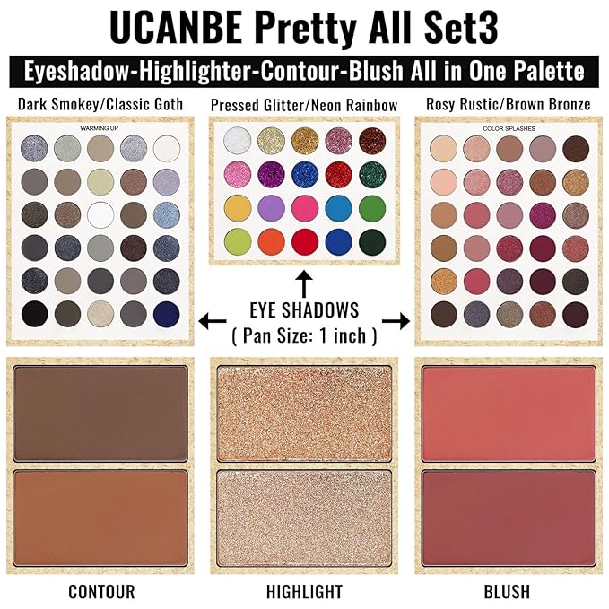 UCANBE Eyeshadow Palette with 15 Brushes Makeup Sets, Pigmented Eye Makeup Pallet Holiday Gift Set, Matte Smokey Rosy Neutral Glitter Eye Shadow Powder & Contour Highlight Blush All-in-One Make Up Kit
