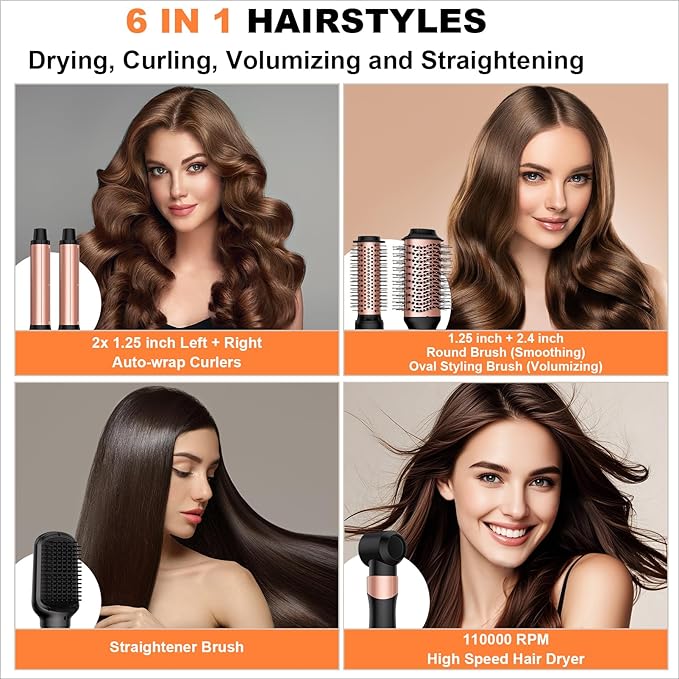6 in 1 High-Speed Air Wrap Hair Styler,110,000 RPM Professional Hair Dryer Brush Set Fast Drying,No Heat Damage Multi-Styler,Blow Dryer Brush for Curling Straightening Volumizing Styling (Rose Gold)