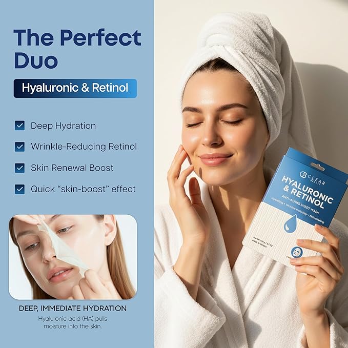 Clear Beauty Sheet Mask with Hyaluronic Acid & Retinol – Hydrating & Anti-Aging Formula For Dry, Dull, Wrinkled Skin – Dermatologist Tested, Korean Skin Care – Vegan Clean Beauty – 5 Sheets