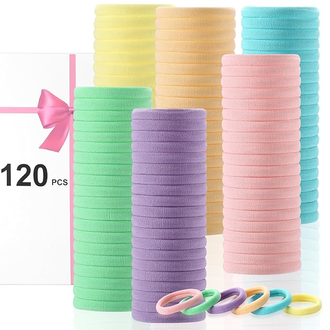 LuSeren 120 Pcs No Damage Thick Hair Ties, Large Soft Seamless Nylon Cloth Hair Elastics for Women, Light Color