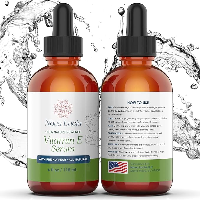 Nova Lucia Organic Vitamin E Oil – Pure Vitamin E for Skin, Face & Hair | Scar & Stretch Mark Treatment, Natural Moisturizer for Soft, Smooth, Hydrated Skin – 4 oz