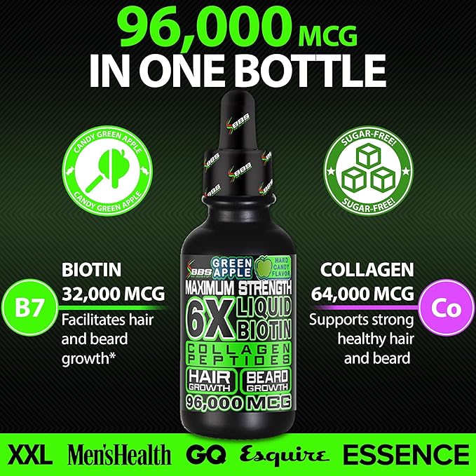 Liquid Biotin Collagen Peptides for Beard Growth and Thickening - Men's Beard and Hair Growth Supplement - Biotin Liquid Drops 96,000mcg 6X More Absorption