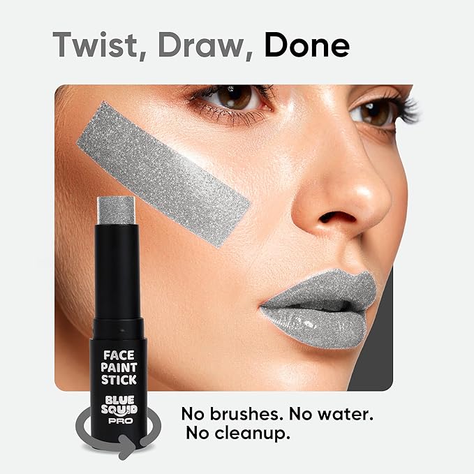 Blue Squid PRO Metallic Silver Face Paint Stick - Waterproof Silver Body Paint Adults & Kids Eye Black Baseball, Eyeblack Softball -Hypoallergenic Twist-Up Non-Toxic Makeup Stick Cosplay, Sports & SFX