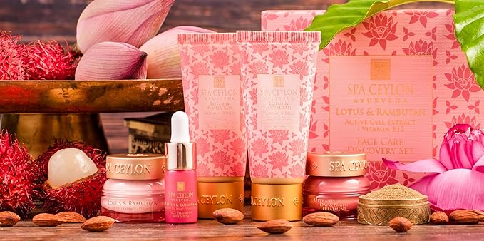 Spa Ceylon Lotus & Rambutan Face Care Discovery Set, Travel Size Face Serum, Cleanser, Masque, Day & Night Cream, & Protector, For Sensitive Skin, Organic