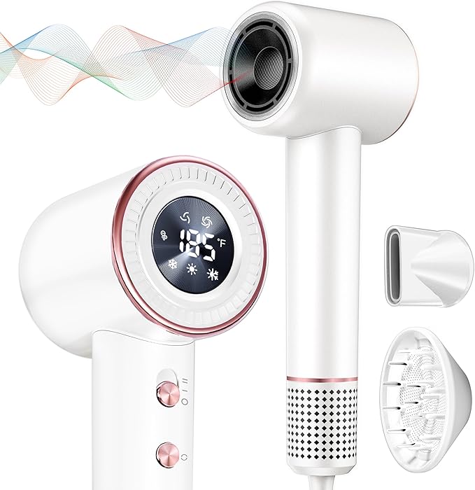Rudd Hair Dryer with Diffuser, High Speed Hair Dryer with Display, 110000 RPM Brushless Motor for Fast Drying, 200 Million Negative Inoic Low Noise, White