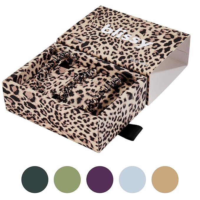 Blissy Silk Scrunchies (3 Pack) - 100% Pure Mulberry Silk - 22 Momme 6A High-Grade Fibers Scrunchie for Straight & Curly Hair (Leopard, Regular)