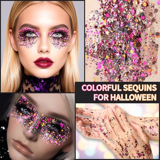 DAGEDA Halloween Black Body Glitter Gel, Face Hair Glitter Body Shimmer, Halloween Costume Accessories Chunky Glitters Eyeshadow, Holographic Cosmetic Sequins Festival Outfits for Women 50ml