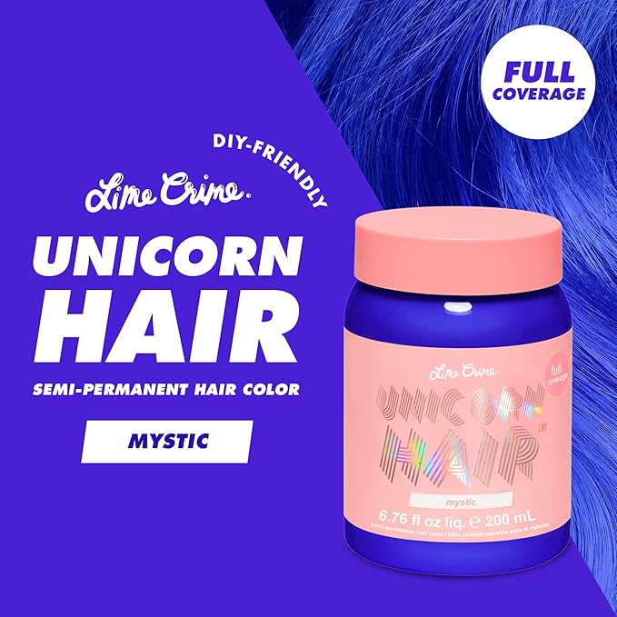 Lime Crime Unicorn Hair Dye Full Coverage, Mystic (Electric Blue) - Vegan and Cruelty Free Semi-Permanent Hair Color Conditions & Moisturizes - Temporary Blue Hair Dye With Sugary Citrus Vanilla Scent