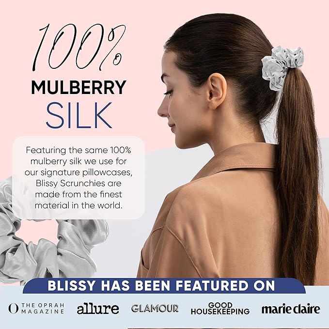 Blissy Silk Scrunchies (3 Pack) - 100% Pure Mulberry Silk - 22 Momme 6A High-Grade Fibers Scrunchie for Straight & Curly Hair - Preventing Breakage, Tangling, & Creasing (Silver Skinny)