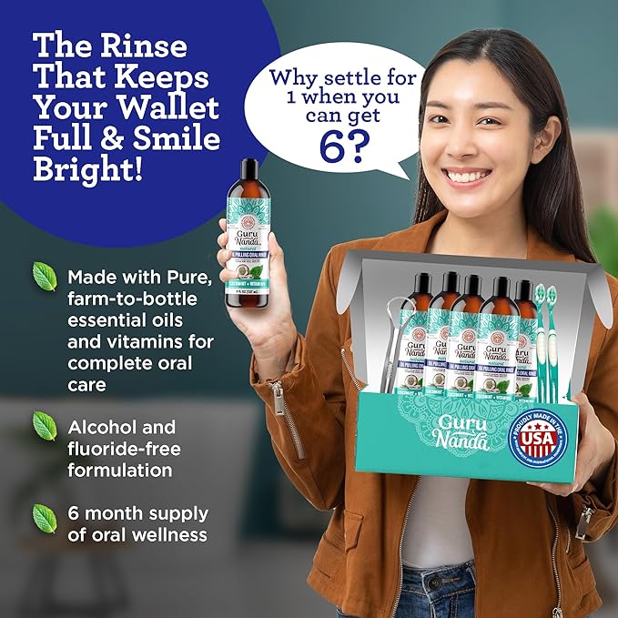 GuruNanda CocoMint Oil Pulling Mouthwash for Complete Oral Hygiene, 7 Essential Oils & Vitamins for Happy Teeth & Gums & Fresh Breath, with 2 Toothbrushes & Tongue Scraper, Alcohol-Free, 6X8 oz