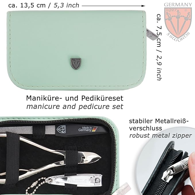 3 Swords Germany - brand quality 6 piece manicure pedicure grooming kit set fashion leather case mint, Made in Germany
