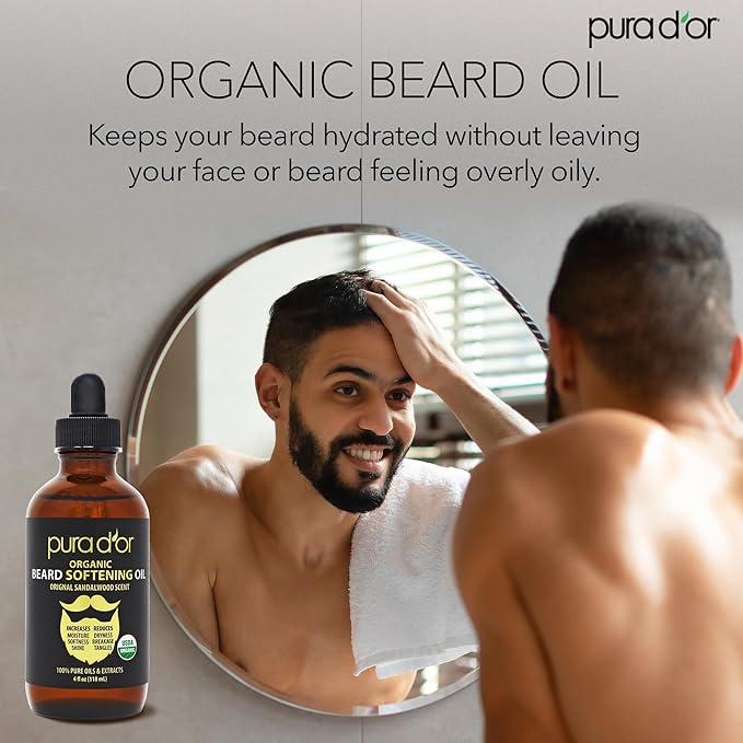 PURA D'OR 4 Oz ORGANIC Beard Softening Oil - Original Sandalwood Scent - Leave-In Conditioner, Argan & Jojoba Oil - Mustache Care & Maintenance, Increase Softness & Strength - Beard Hair, Skin & Face