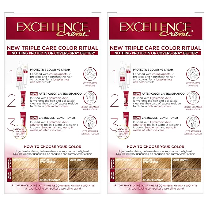 L'Oreal Paris Excellence Crème Permanent Hair Dye, Triple Care Hair Color with Pro-Keratine Complex for 100% Gray Hair Coverage, 8 Medium Blonde, 1 Kit (Pack of 2)