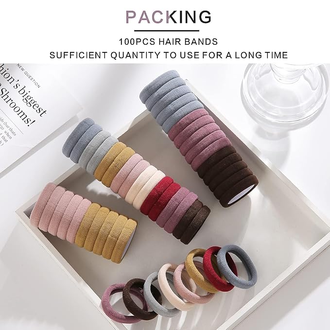 100PCS Elastic Cotton Hair Bands, Seamless No-Damage Ponytail Holders for Thick or Thin Hair, Soft Hair Accessories for Women and Girls, Coral Color